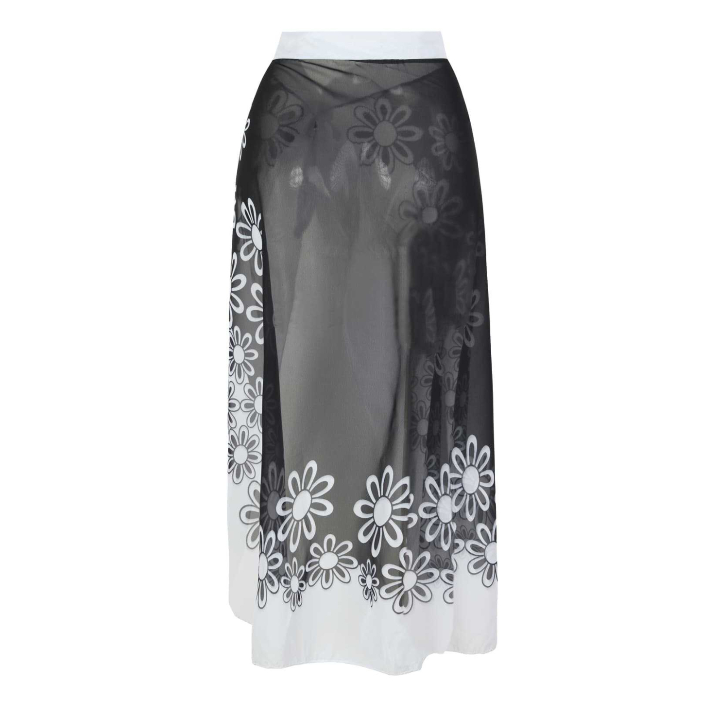 Women's Elegant Black and White Floral Print One-Piece Swimsuit with Skirt