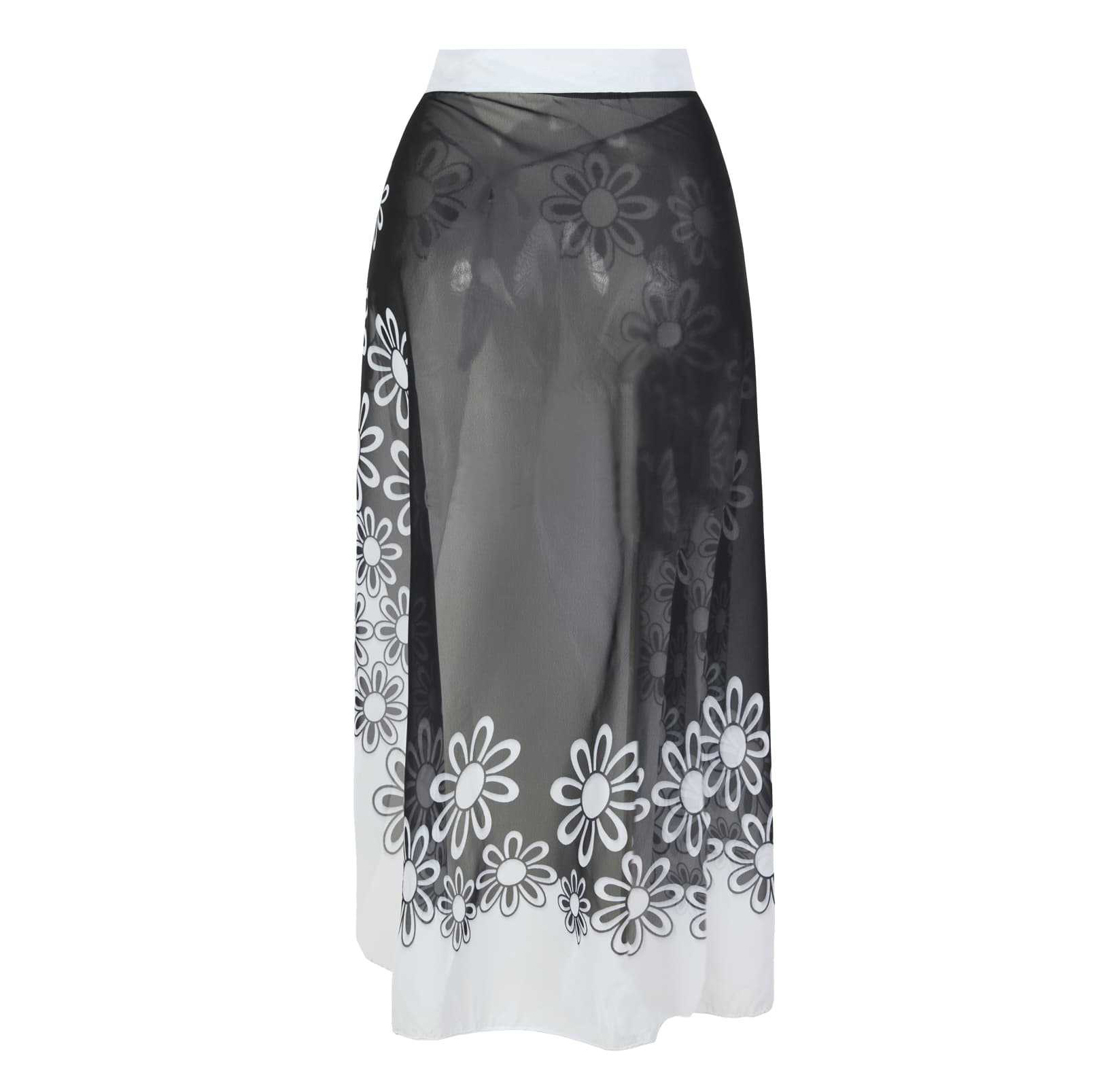 Women's Elegant Black and White Floral Print One-Piece Swimsuit with Skirt