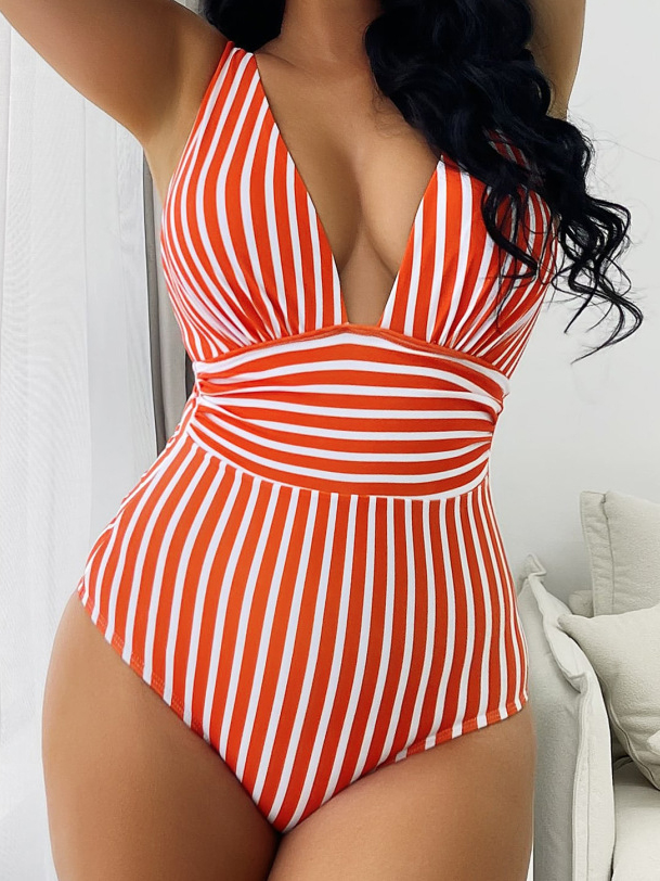 Sexy Striped V-Neck Waist-Defining One-Piece Swimsuit