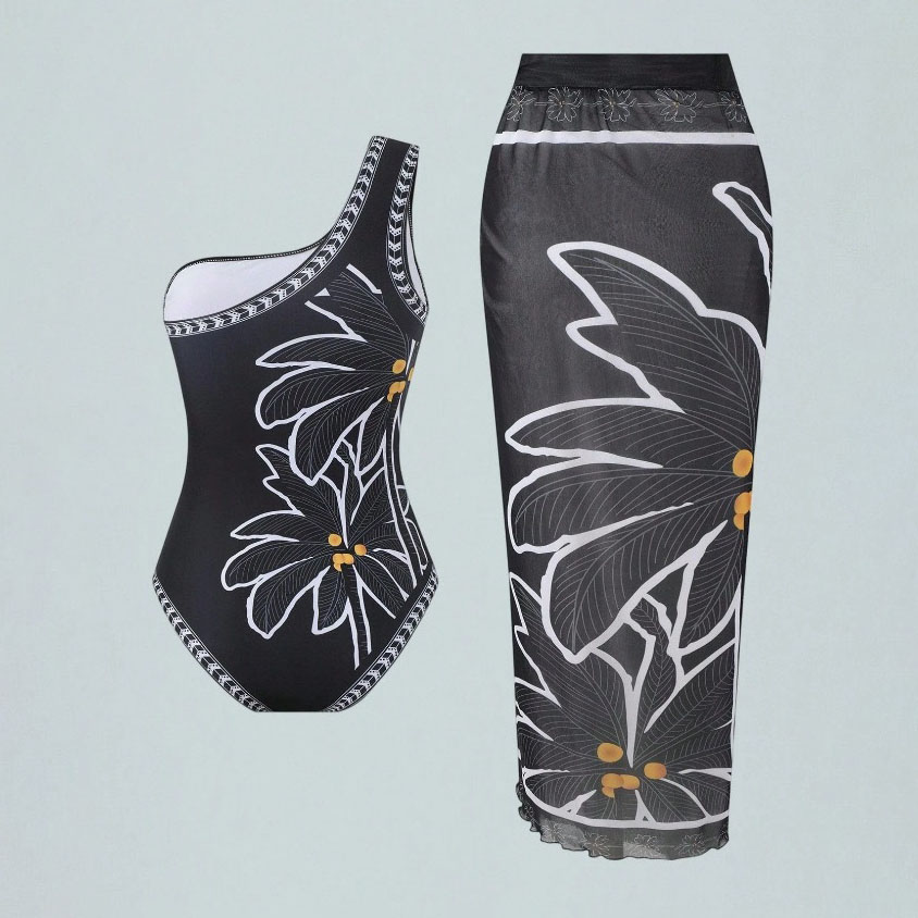 Women's Bohemian Floral Print One-Piece Swimsuit and Matching Maxi Skirt