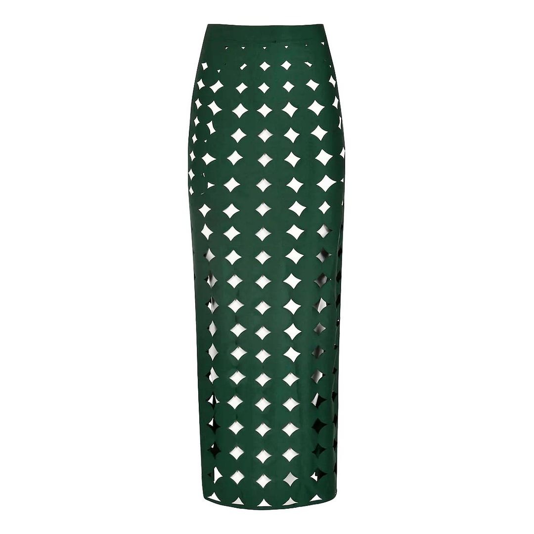 Women's New Solid Color Sexy Cut-Out Bikini Two-Piece Swimsuit with Skirt - Green