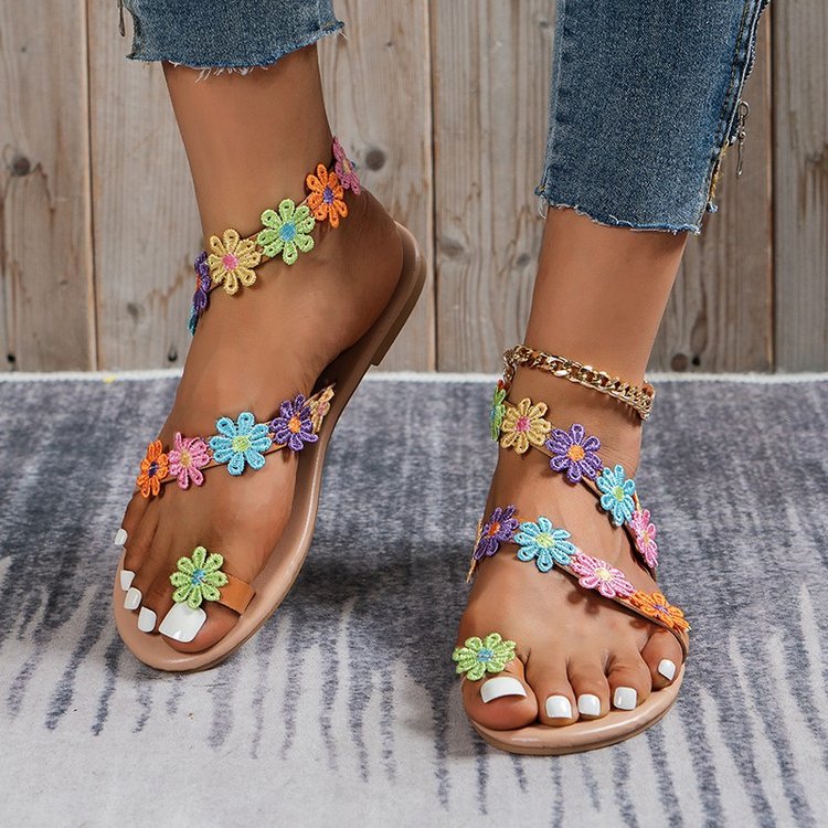 Women's Colorful Thong Beach Sandals with Petal Accents