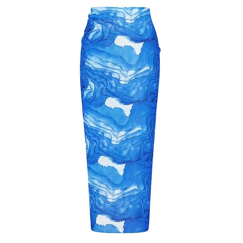 Women's Halter Neck Swimsuit with Plunging V-Neck Tie-Front and Blue Gradient Print One-Piece Swimsuit with Skirt