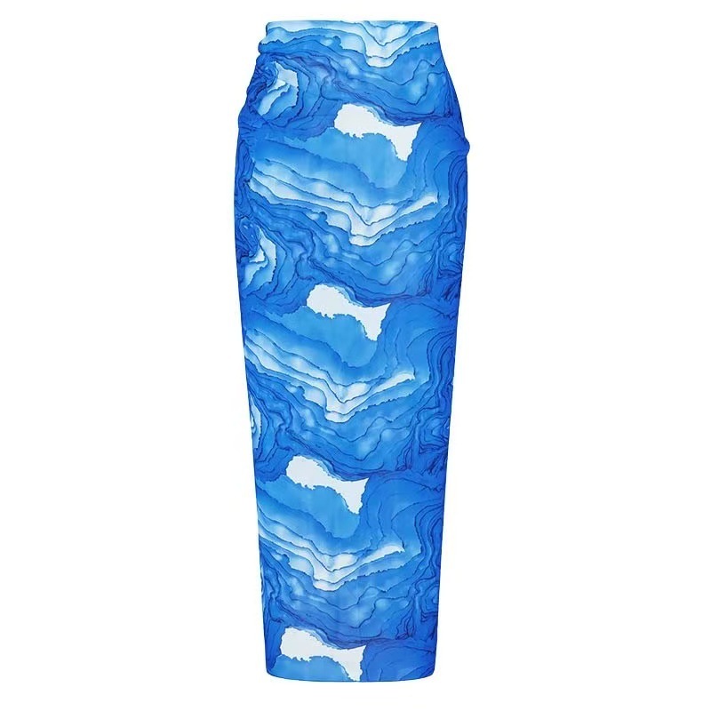 Women's Halter Neck Swimsuit with Plunging V-Neck Tie-Front and Blue Gradient Print One-Piece Swimsuit with Skirt