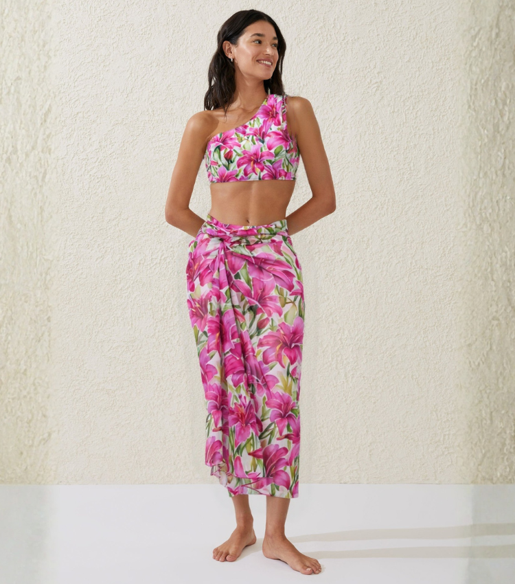 One-Shoulder Drawstring Dark Magenta Lily Print Swimsuit Set(s)