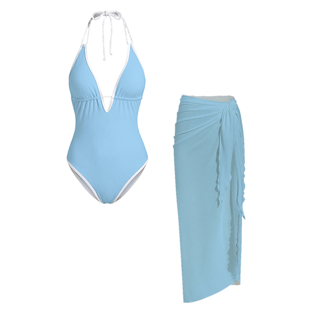 Light Blue Backless Swimsuit with Irregular Ruffle Sarong Swimsuit Set