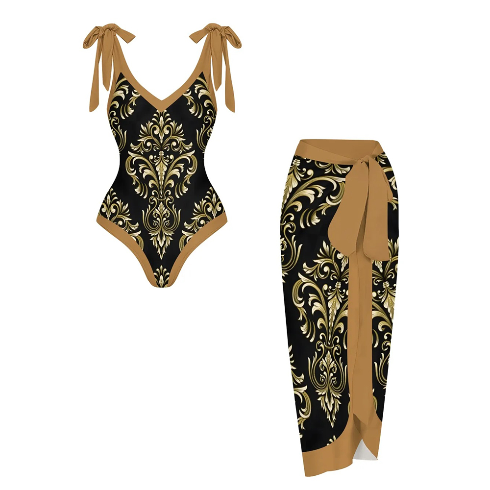 Women's Printed Ethnic Inspired Baroque Swimwear Set for Women Floral One Piece and Tie Waist Skirt