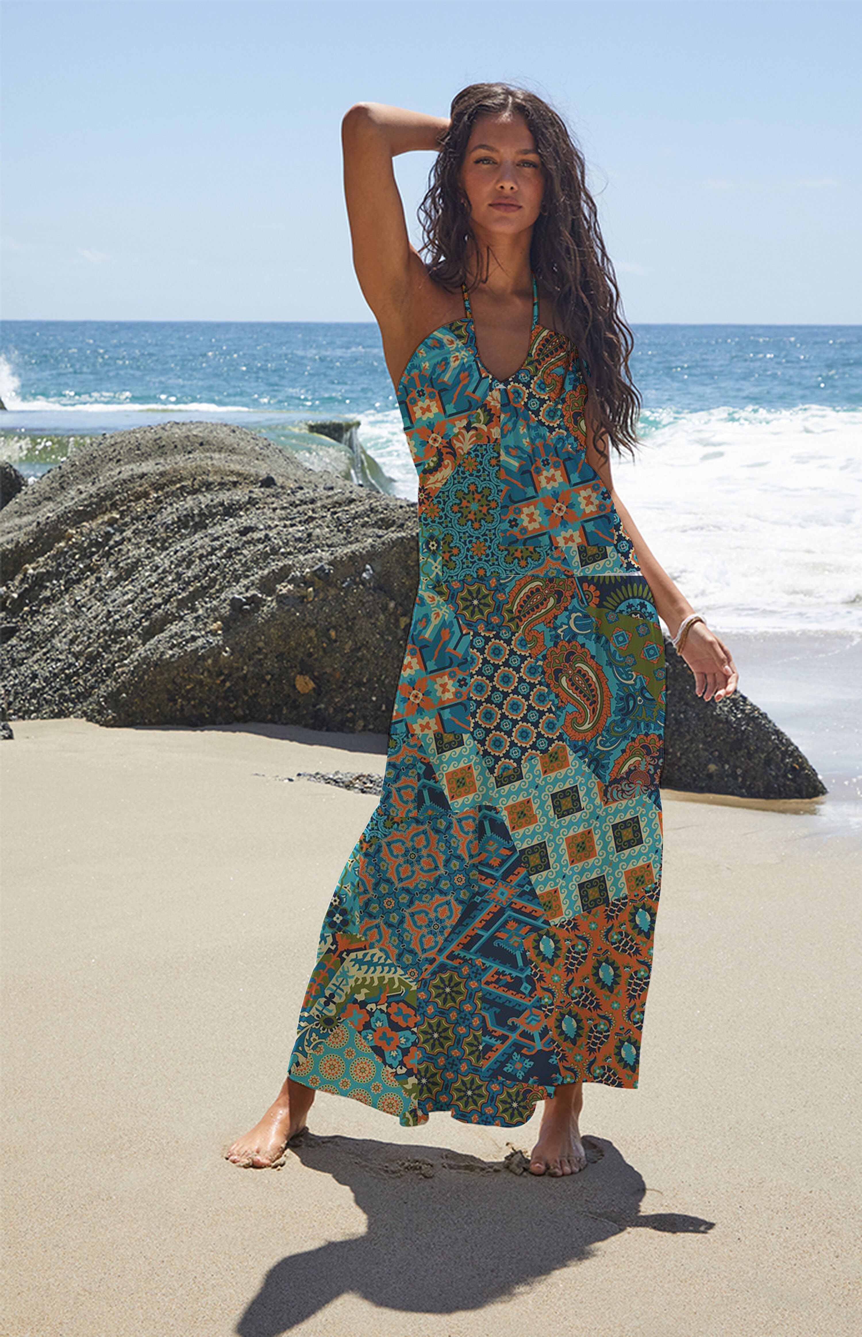  Boho Patchwork Paisley Halter Maxi Dress