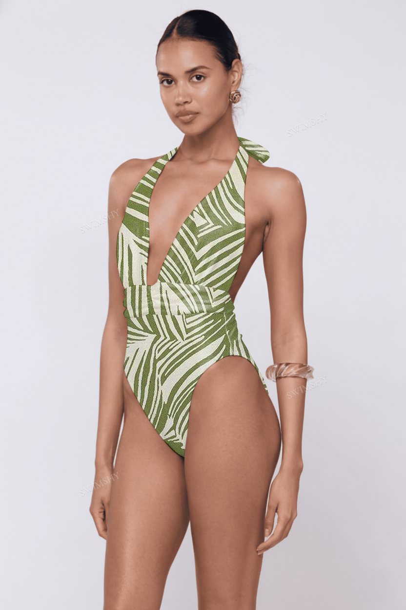 Olive Palm Halter One-Piece