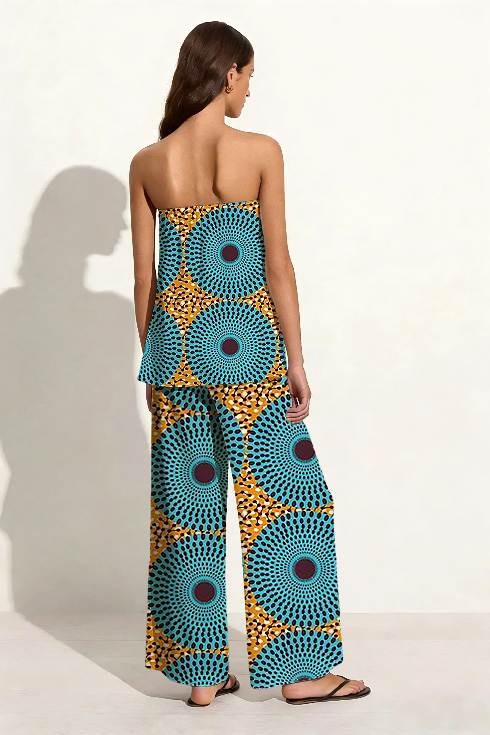 Blue Geometric Strapless Wide Leg Set