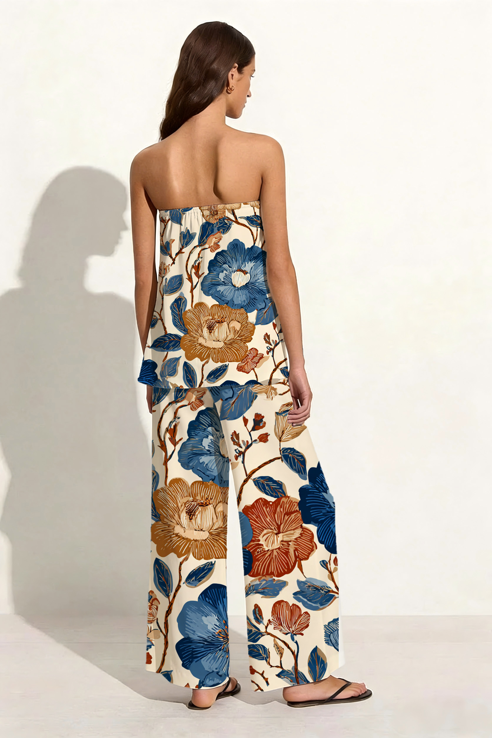 Blue & Brown Camellia Floral Print Set