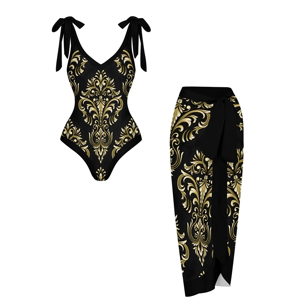 Women's Printed Ethnic Inspired Baroque Swimwear Set for Women Floral One Piece and Tie Waist Skirt