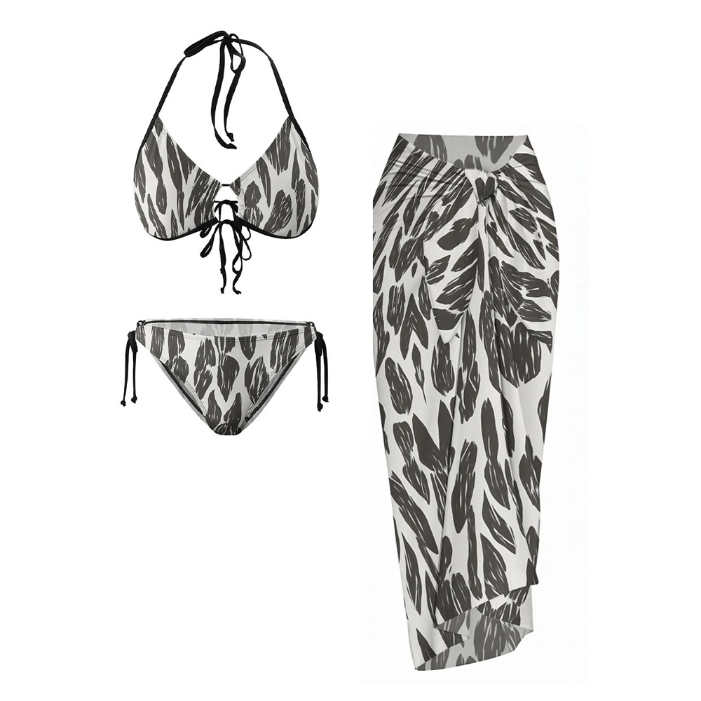 Minimalist Black and White Leaf Print Bikini with Matching Sarong Skirt