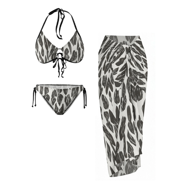 Black and White Leaf Print Bikini Set