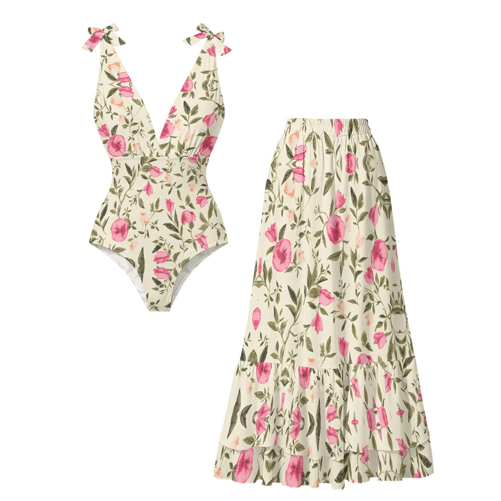 Vintage-Inspired Floral One-Piece Swimsuit with Matching Maxi Skirt