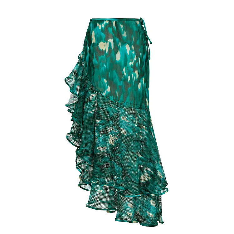 Women's Off Shoulder Ruffled Green Blooming Print One Piece Swimsuit and Mesh Splicing Sarong