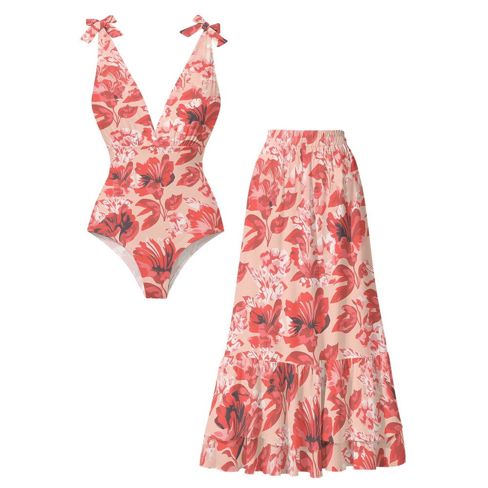Tropical Floral Resort Lace-up One-Piece Swimsuit with Matching Maxi Skirt