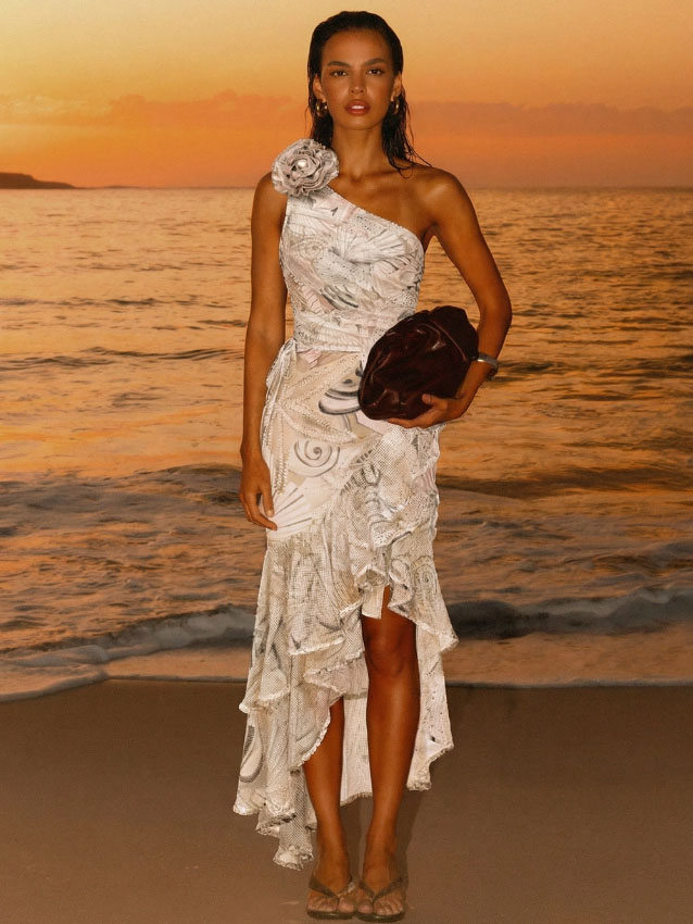 Ocean Shell One-Shoulder 3D Floral One-Piece with Matching Skirt