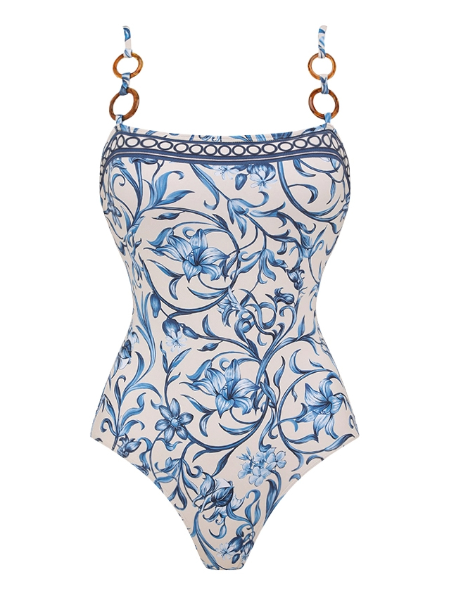 Baroque Floral Metal Ring Back Tie One-Piece with Wrap Skirt