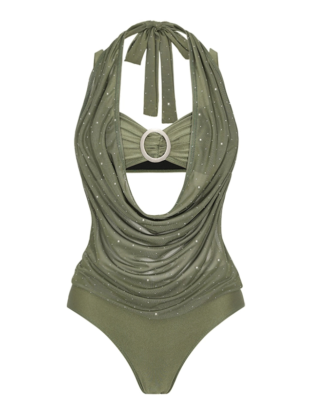 Luxury Olive Green Rhinestone Mesh Draped Halter O-Ring Bikini with High Waist Split Skirt 3 Piece Set
