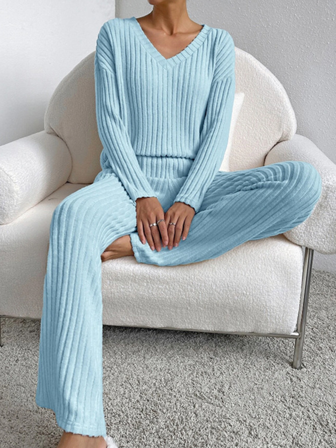 V Neck Long Sleeves Solid Top and Pants Two Pieces Sets
