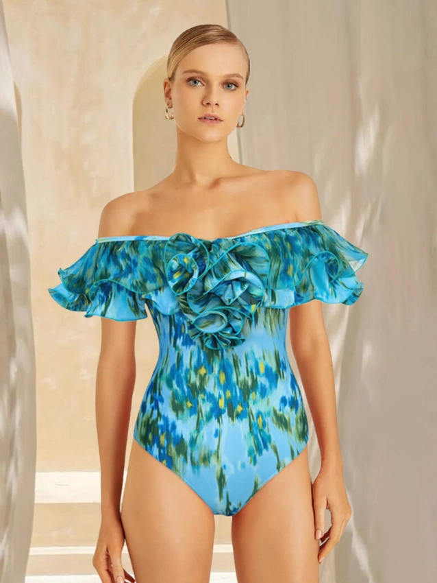 Lake Blue Water Lily Print Off Shoulder One-Piece with Ruffle Maxi Skirt