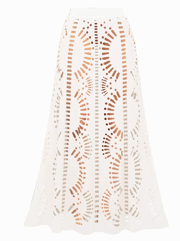 White Geometric Laser Cut Swimsuit with Matching Cover Up Skirt