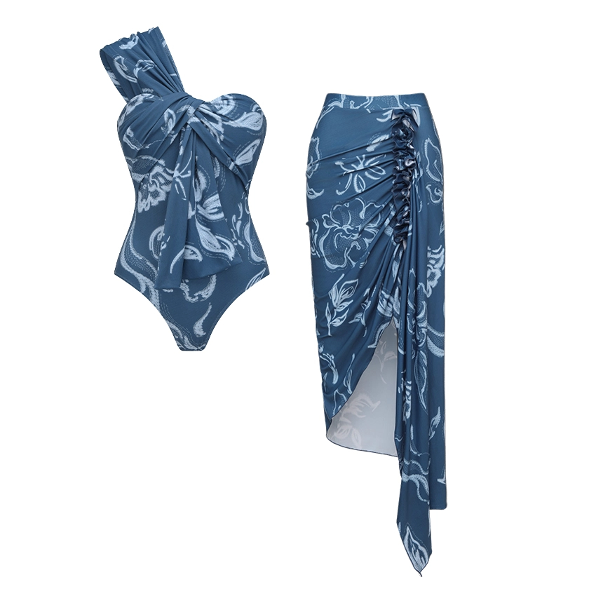 Retro Baroque Floral Vine Twist Asymmetrical Skirt Swimsuit