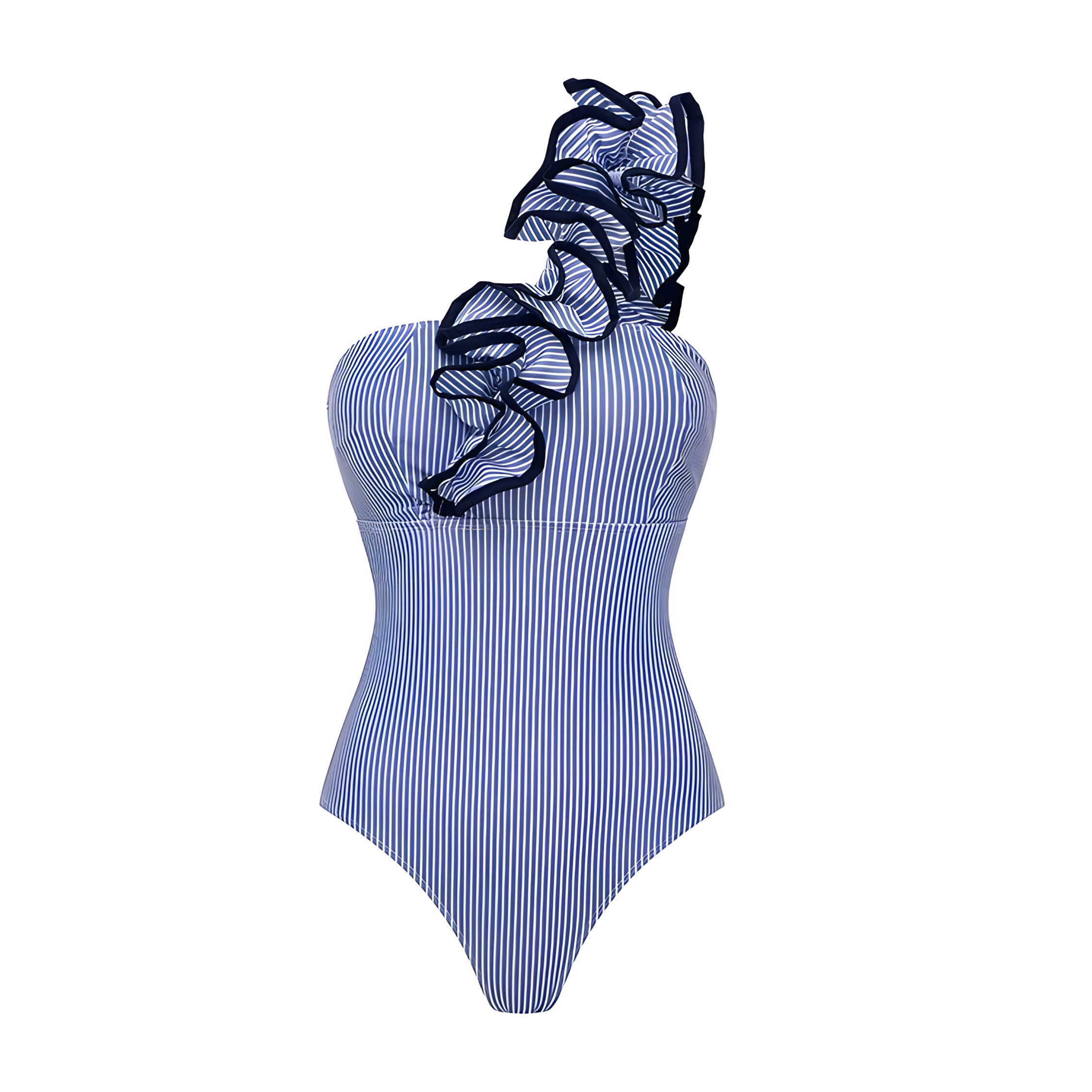 Women's Blue Stripe One-Shoulder One-Piece Swimsuit with Skirt