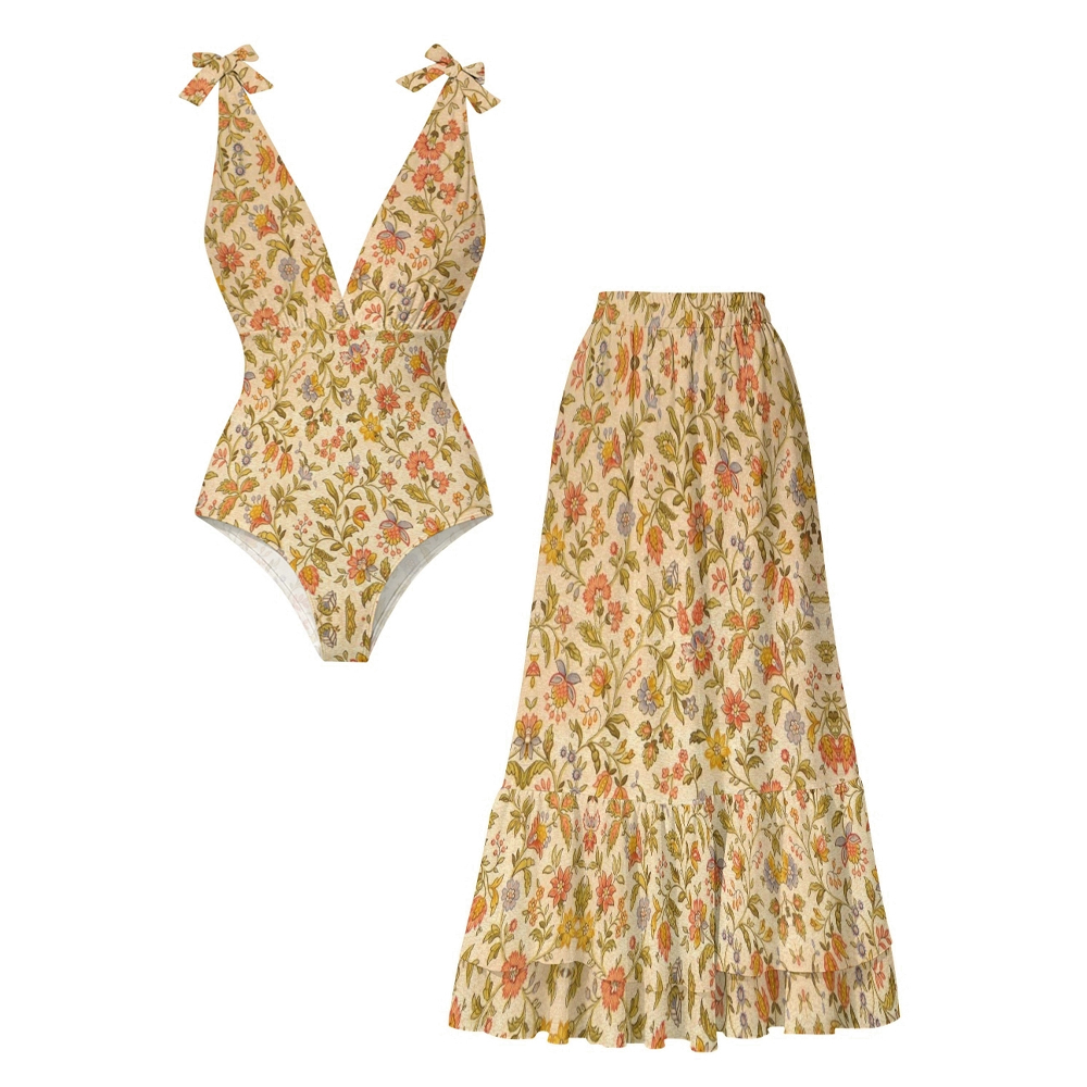 Soft Vintage-Inspired Lace-up One-Piece Swimsuit and Matching Maxi Skirt