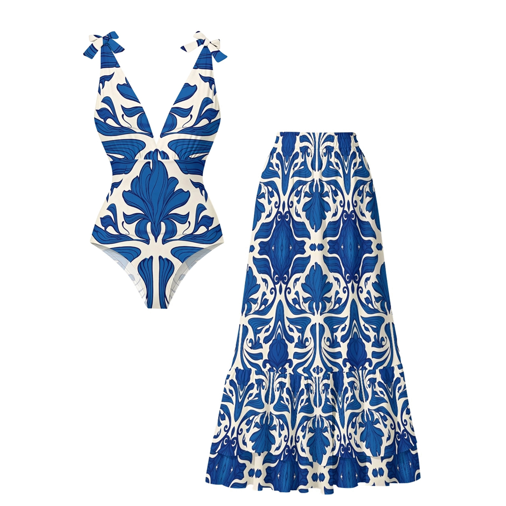 Tile Inspired Ornate Floral One-Piece Set