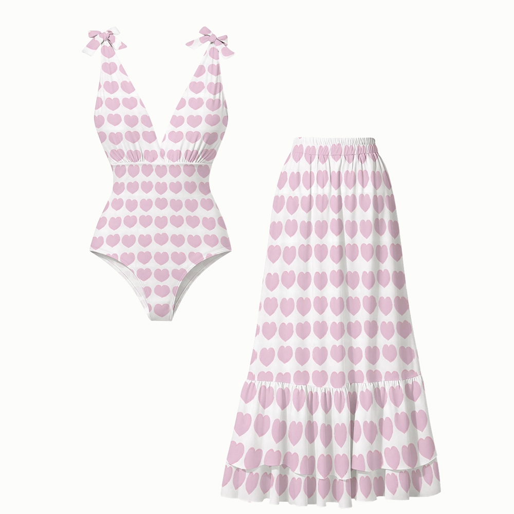 Romantic Valentine’s Day Heart Pattern Swimsuit and Matching Maxi Skirt