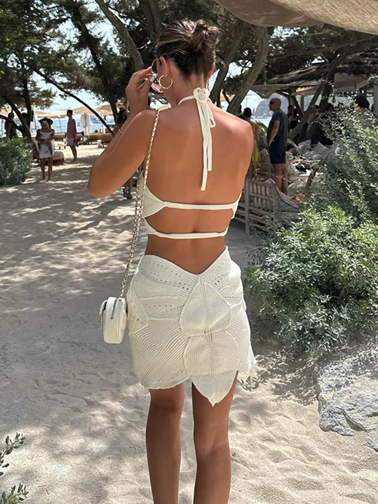 3D Flower Knit Crochet Halter Hollow Out Backless Dresses