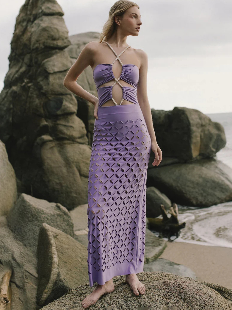 Purple Halter Neck Cut-Out One-Piece Swimsuit Set