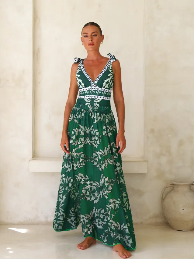 V Neck Lace Up Printed Swimsuit and Skirt