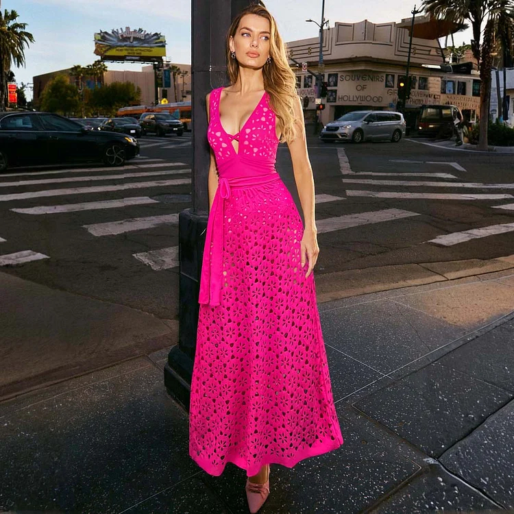 Women's V Neck Bestselling Sexy Solid Color Cut-Out One-Piece Swimsuit Set -Pink