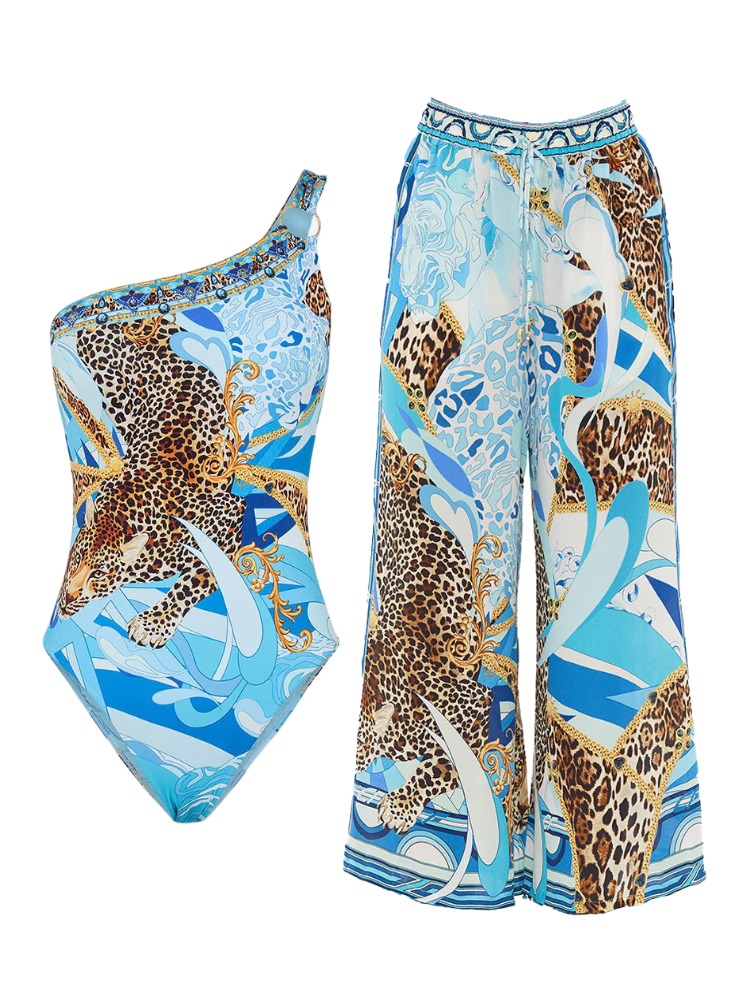 Tiger Printed One Shoulder One Piece and Pants Swimwear