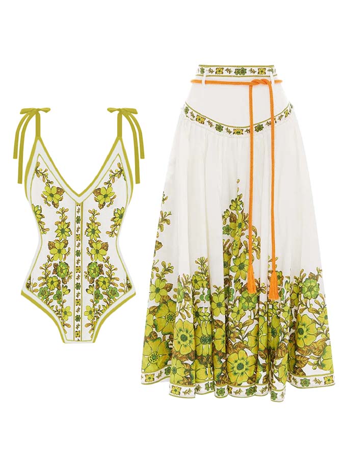 Beach Vacation Floral Colorblock Print Swimsuit And Skirt