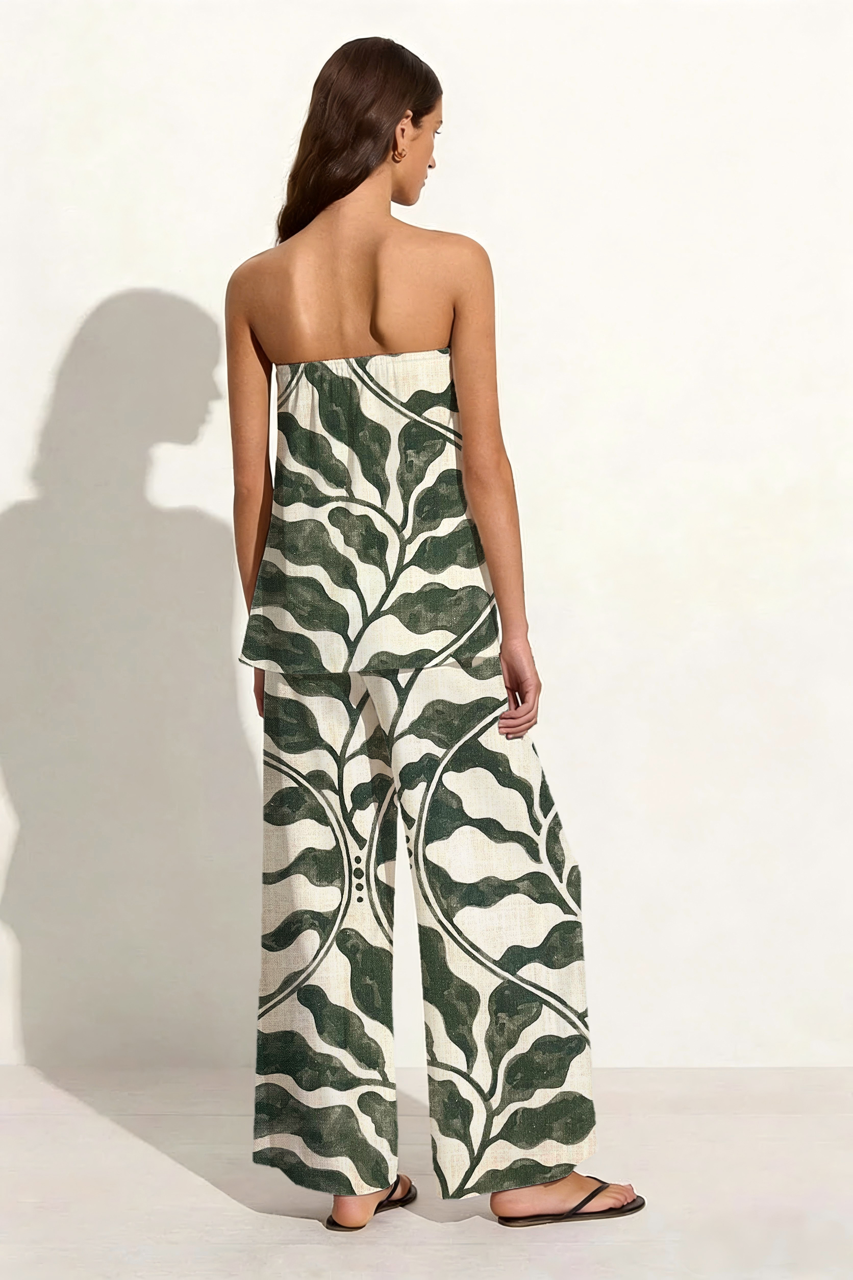  Dark Green Wavy Leaf Linen Set