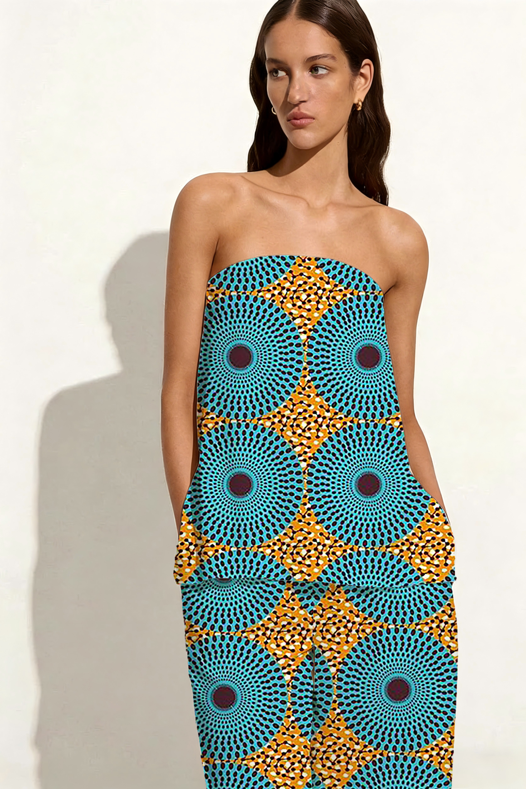 Blue Geometric Strapless Wide Leg Set