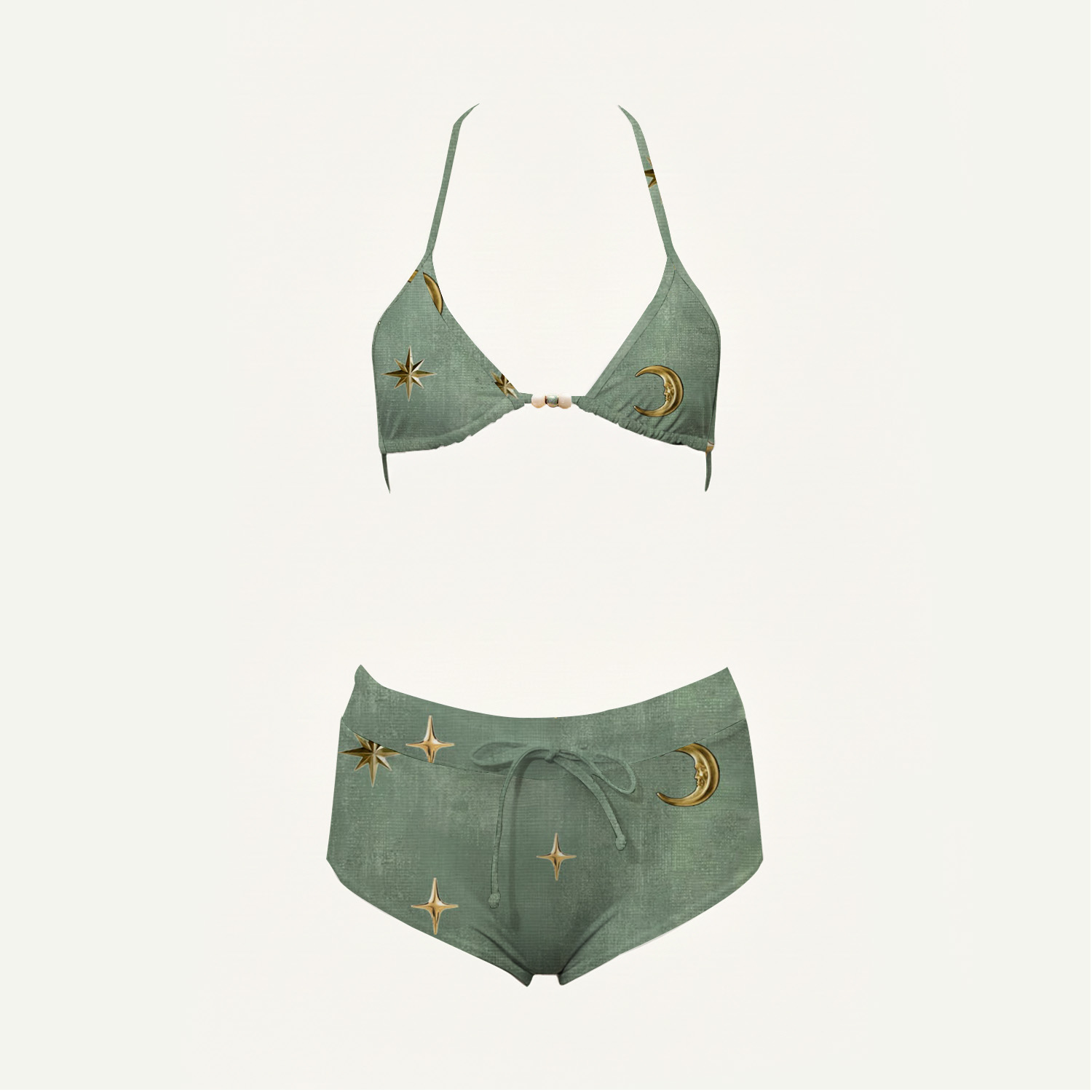 Forest Moon Print High-Waisted Triangle Bikini Set
