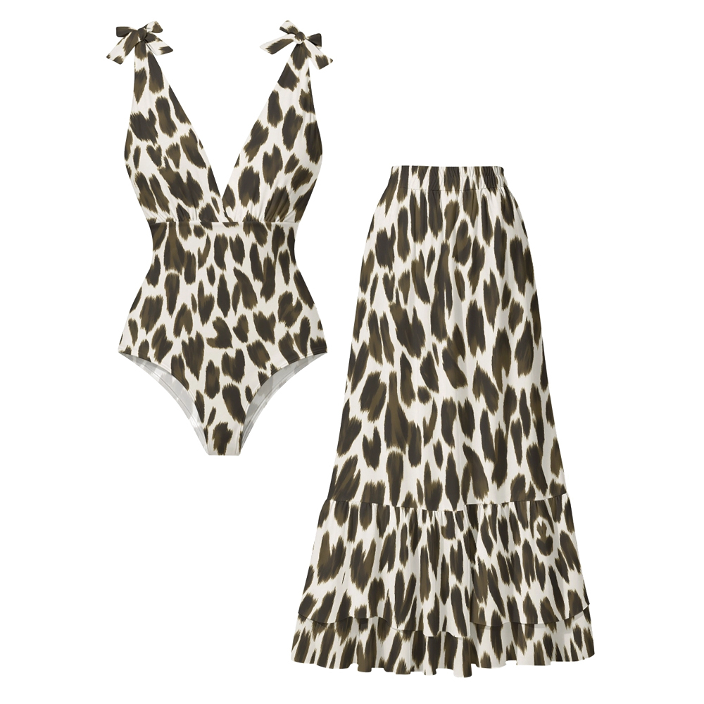 Leopard Print V-Neck One-Piece Swimsuit and Coordinating Tiered Maxi Skirt
