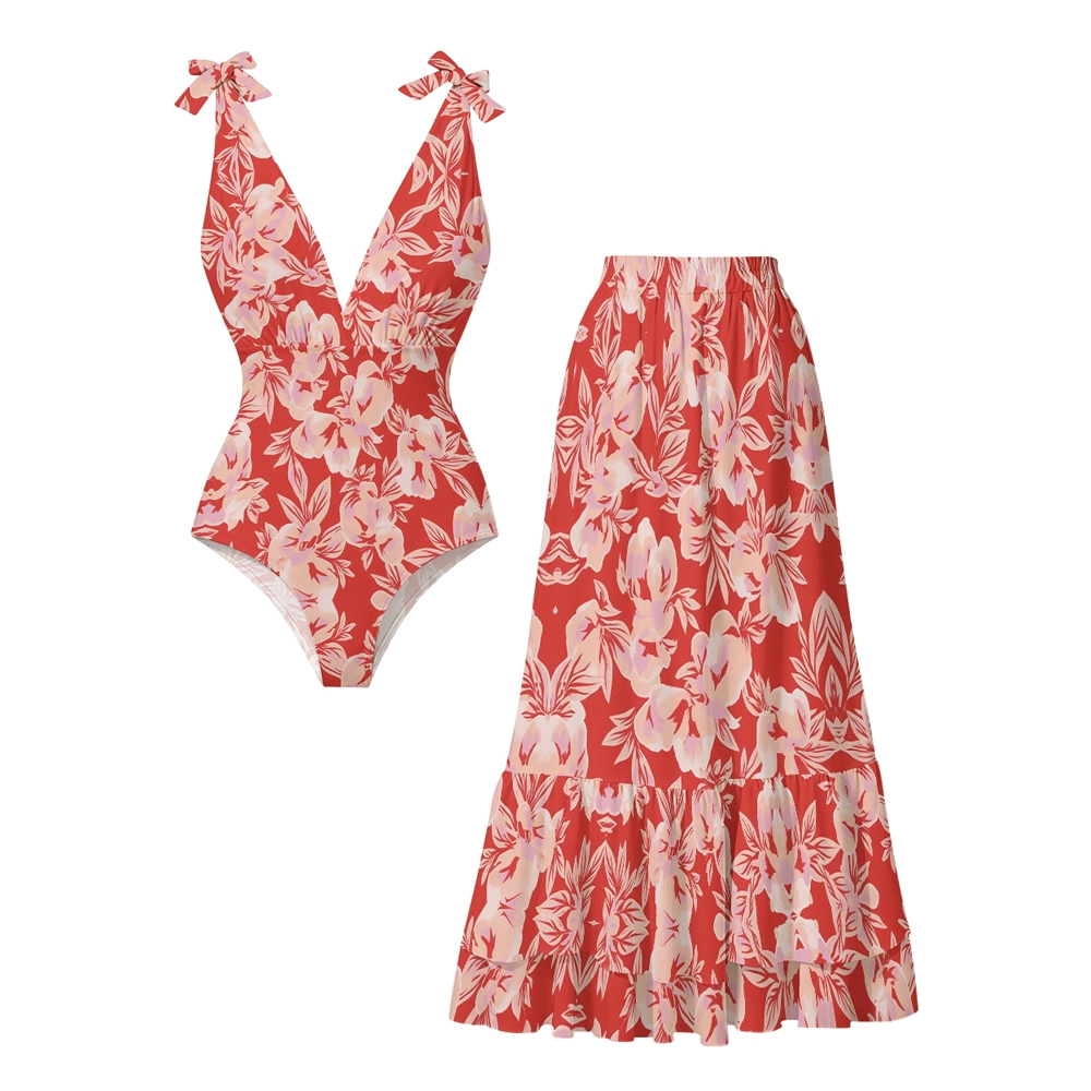 Tropical Red Floral One-Piece Set