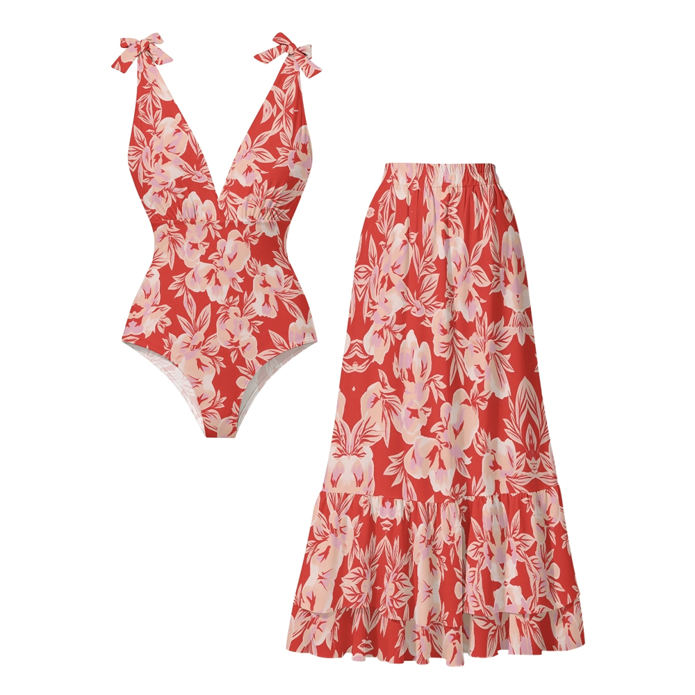 Tropical Red Floral Lace-up One-Piece Swimsuit and Matching Tiered Maxi Skirt