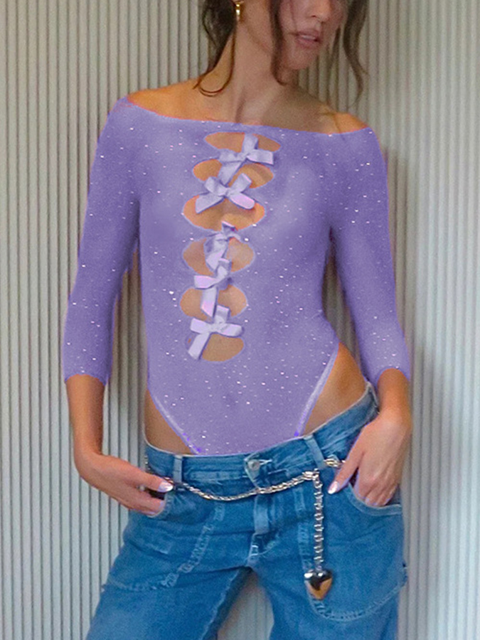 Sexy High-Elastic Knitted See-Through Bow Cutout Jumpsuit