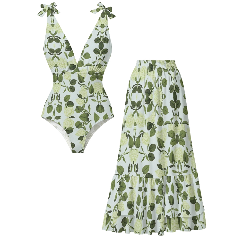 Green Hydrangea Lace-up One-Piece Swimsuit with Matching Maxi Skirt