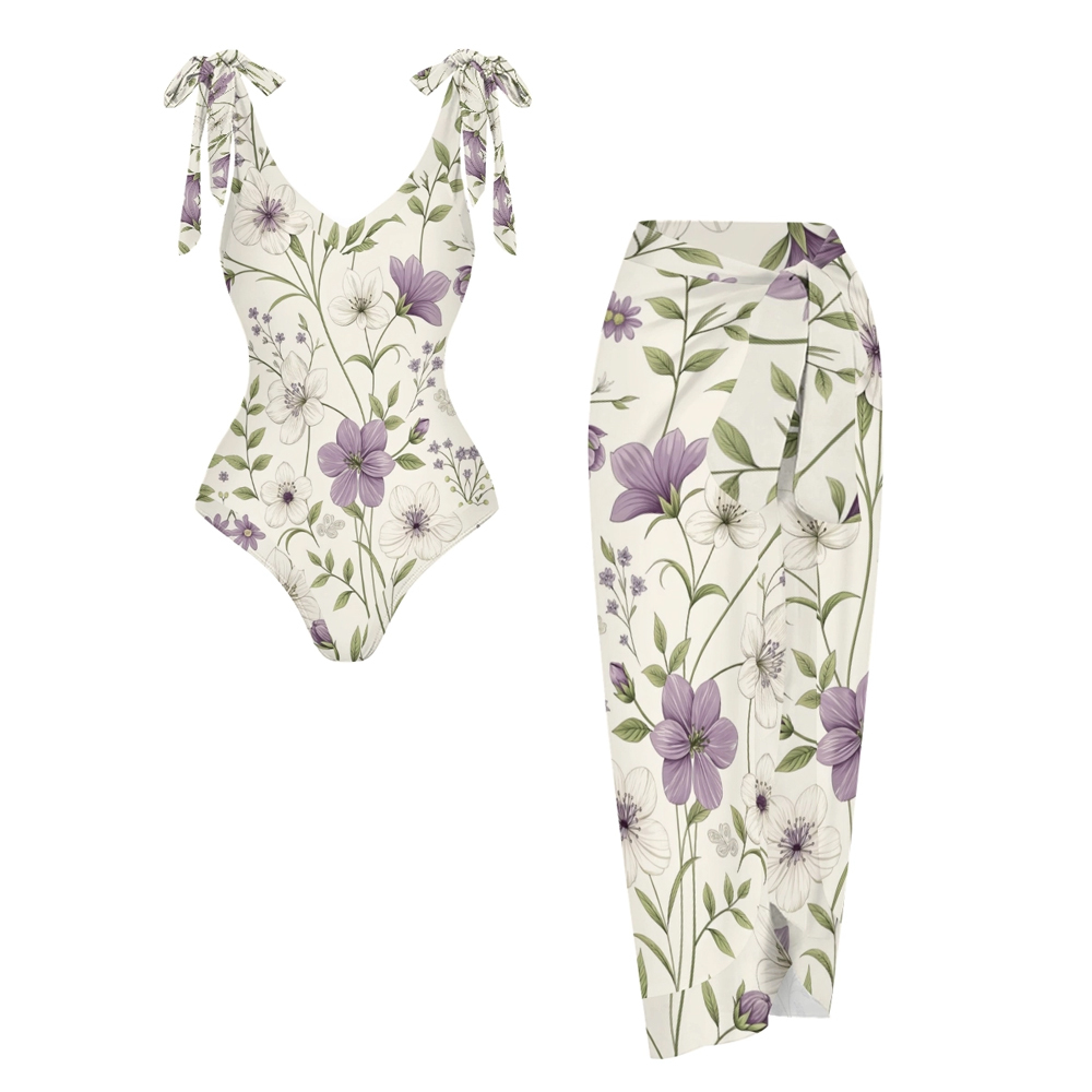 Women Floral Print One Piece Swimsuit with Matching Wrap Skirt Elegant Beachwear Set
