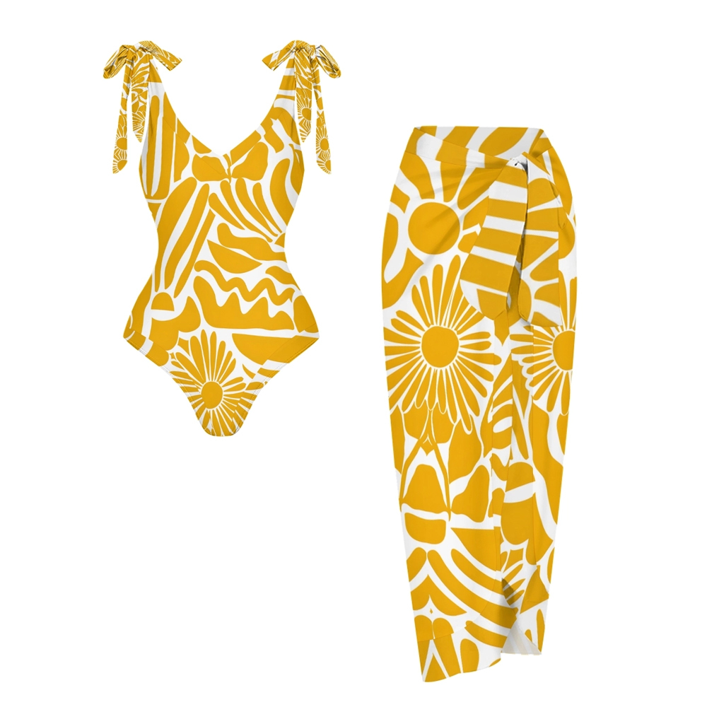 V Neck Tie Shoulder One Piece Swimsuit with Matching Wide Leg Pants Two Piece Set