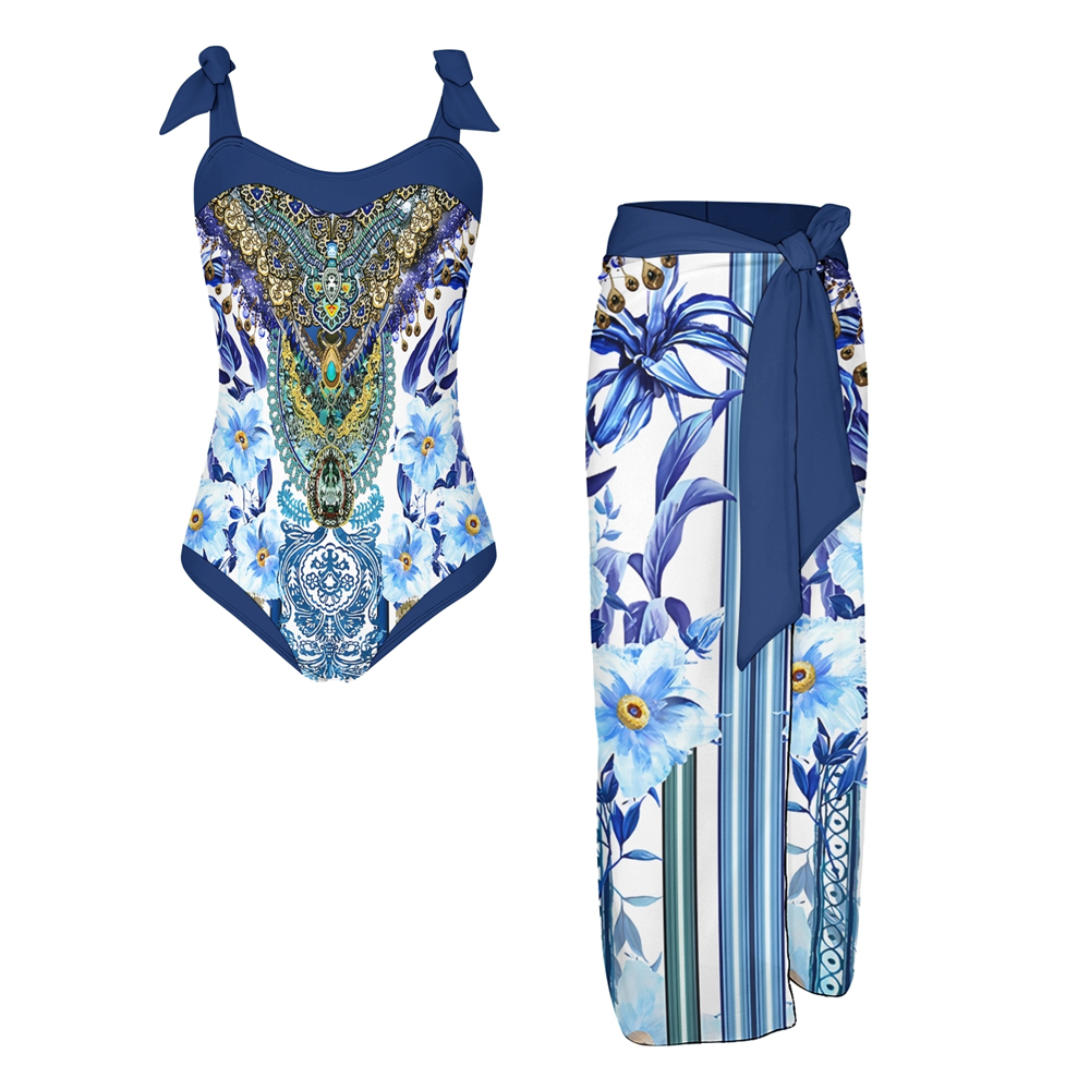 Boho Chic Ornate Print One-Piece Swimsuit with Matching Sarong Skirt