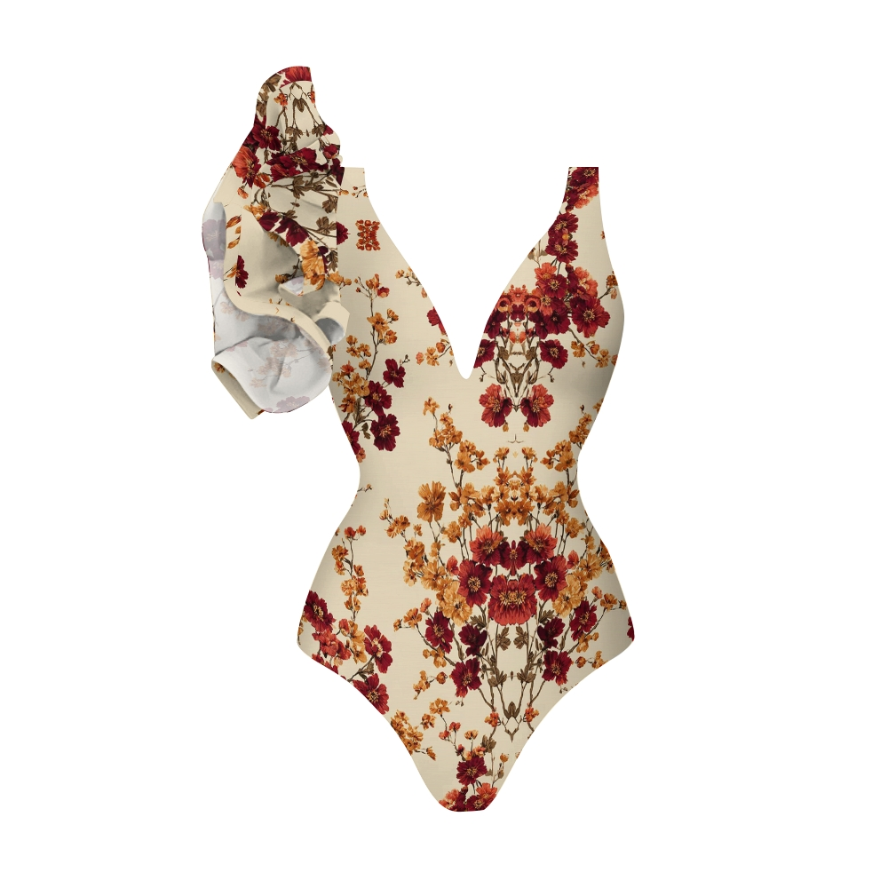 Retro Floral Print Ruffle Swimsuit Set With Beach Skirt
